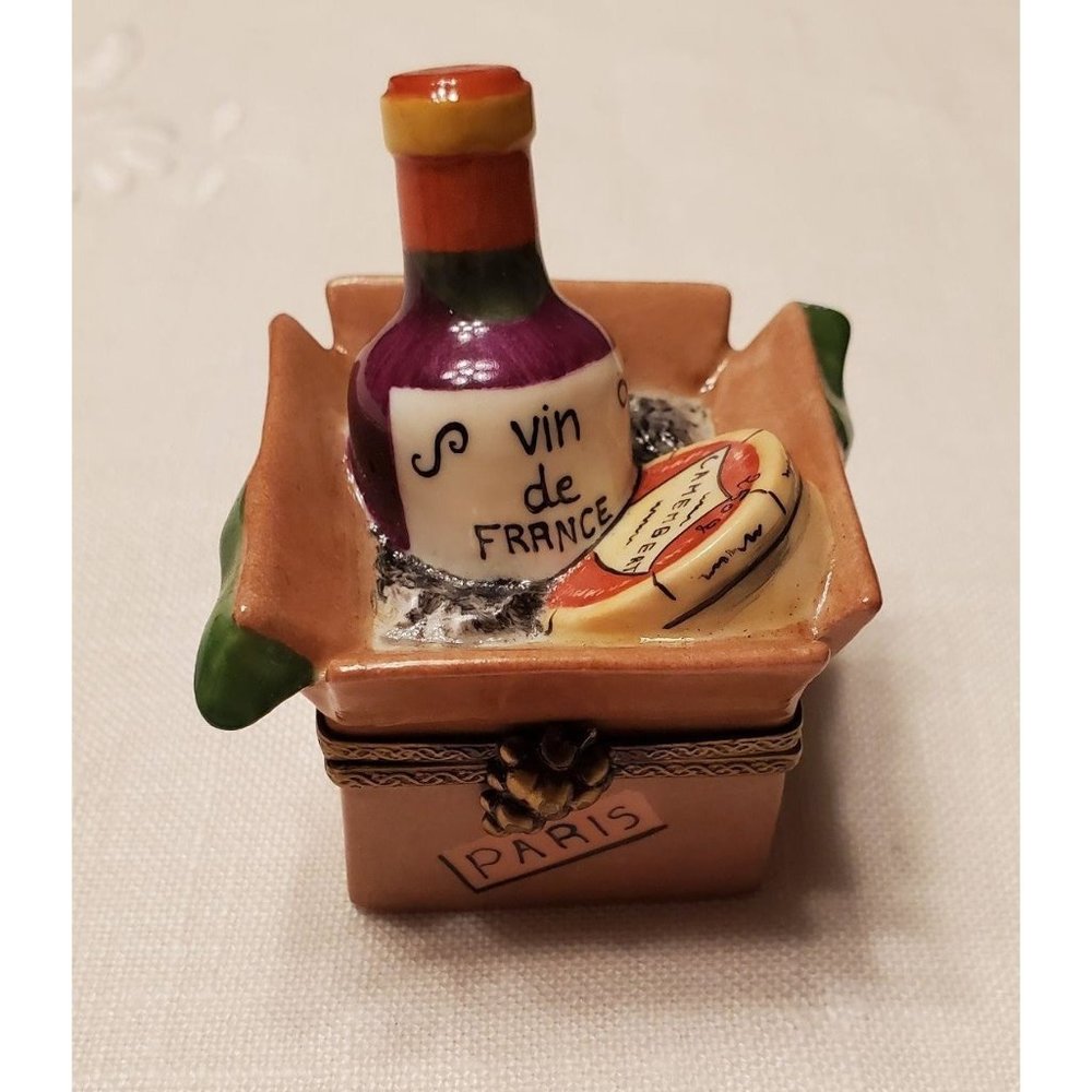 Limoges VTG Hand Painted Porcelain Trinket Box Wine & Cheese Peint Main Eximious